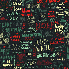 Seamless pattern with hand drawn lettering Christmas collection. Typography doodle design. Vector illustration