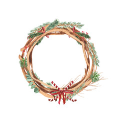 Watercolor Christmas wreath, decor on the front door. Element on a white background for design compositions on the theme of New Year's holidays.