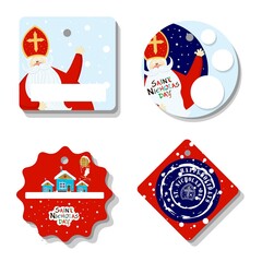 Bright festive paper price tags or gift tags of various shapes. Set of stickers for the day of St. Nicholas. St. Nicholas Day, Mikulas, Sinterklaas Eve. Gift tags