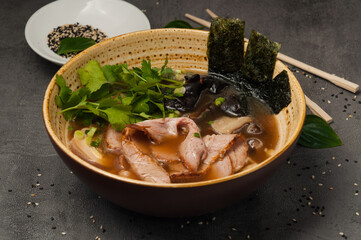 asian ramen soup with beef and mushrooms