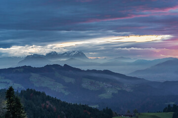Sunset over Mount Saentis in Swiss Alps with Bregenzerwald, Austria, Vorarlberg, in foreground, Landscape
