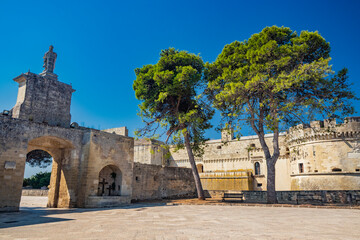 The small fortified village of Acaya, Lecce, Salento, Puglia, Italy. The large stone-paved square....