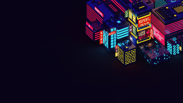 3d voxel night cityscape background. Pixel art cyberpunk style city illustration. neon lights and dark theme city. voxel structure.
There is no real language other than English in the image.