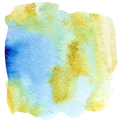 Hand drawn abstract soft blue of stain splashing golden texture watercolor on white background