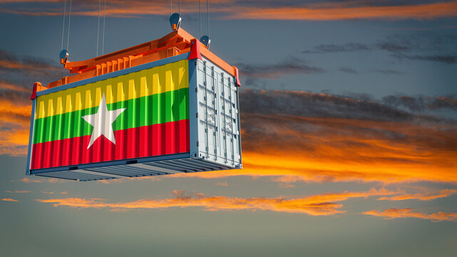 Shipping container with Myanmar national flag. 3D Rendering 