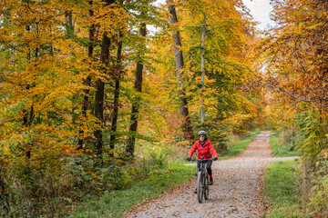 Obraz premium pretty senior woman ridin her electric bicycle in a colorful autumn forest with golden foliage 