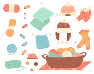 Winter knit clothes. Hygge christmas. Winter knit clothes and holiday decor fir-tree, gifts. Vector illustration EPS10