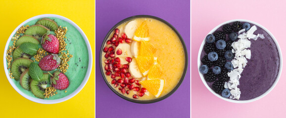 Collage of smoothie bowls with fruit and berry on the colored background. Top view. Close-up.