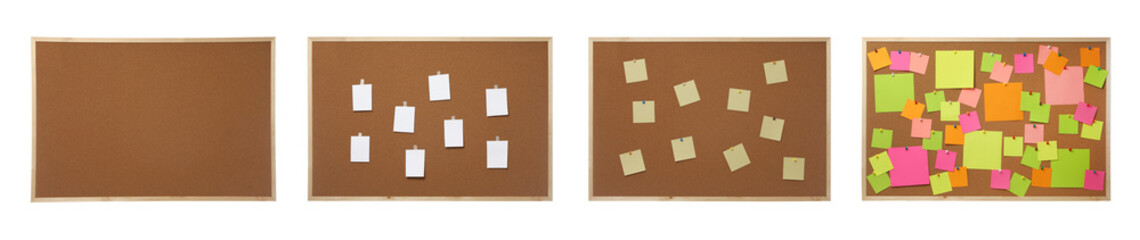 Cork boards with notes on white background, collage. Banner design