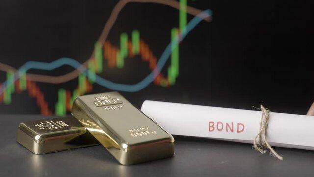Concept of gold bond showing with Gold bars and Bond paper placing next to it with Stock Market Graphs or charts in background.