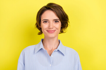 Fototapeta premium Photo of young attractive business woman happy positive smile agent isolated over yellow color background