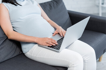 Fototapeta premium partial view of pregnant woman working on laptop on sofa at home