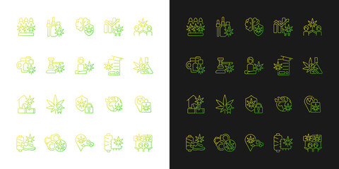 Cannabis in everyday life gradient icons set for dark and light mode. Marijuana cultivation. Thin line contour symbols bundle. Isolated vector outline illustrations collection on black and white