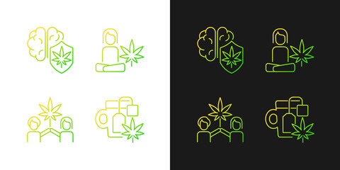 Cannabis and mental health gradient icons set for dark and light mode. Marijuana brain protection. Thin line contour symbols bundle. Isolated vector outline illustrations collection on black and white