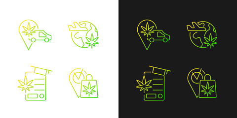 Fototapeta premium Worldwide cannabis industry gradient icons set for dark and light mode. Marijuana industry. Thin line contour symbols bundle. Isolated vector outline illustrations collection on black and white