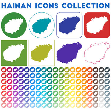 Hainan icons collection. Bright colourful trendy map icons. Modern Hainan badge with island map. Vector illustration.
