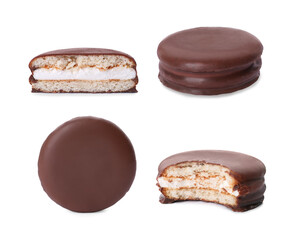 Set with tasty choco pies on white background © New Africa