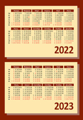 Set horizontal pocket calendars for 2022, 2023 years. Russian Cyrillic letters. Template: brown, red, black text color. Vintage background, empty field for company name, logo. Size 100 x 70 mm, vector