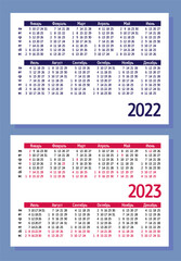 Set horizontal pocket calendars in Russian (Cyrillic letters) 2022, 2023 years. Template: red, blue, black text color, white background, empty field for company name, logo. Size 100 x 70 mm, vector