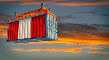 Shipping container with Peru national flag. 3D Rendering 