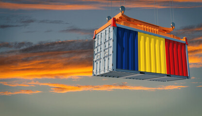 Shipping container with Romania national flag. 3D Rendering 