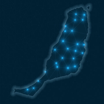 Fuerteventura network map. Abstract geometric map of the island. Digital connections and telecommunication design. Glowing internet network. Superb vector illustration.