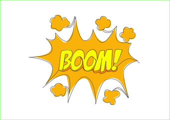 One single line drawing of comical cute cool typography quote - Boom! with speech bubble. Calligraphic design for print, card, banner, poster. Continuous line draw design illustration vector graphic