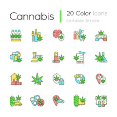 Cannabis in everyday life RGB color icons set. Marijuana cultivation. Legalizing hemp worldwide. Health benefits. Isolated vector illustrations. Simple filled line drawings collection. Editable stroke
