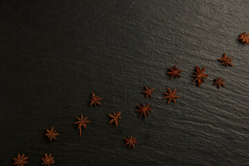 spices concept Some of the dry brown star anise arranged deliberately in a line on dark background