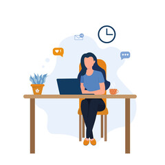 Working at home concept illustration. Young woman freelancer working on laptop at home. People at home in quarantine. Cute vector illustration in flat cartoon  style.