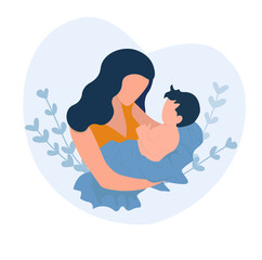 Mother holds the baby in her arms. Woman cradles a newborn. Cartoon design, health, care, maternity parenting. Vector illustration isolated on white background in trendy flat style.