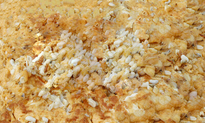 Closeup of Omelet with red ant eggs, Thai food.