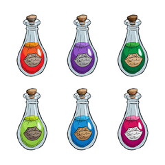 Set of alchemy bottles isolated on white background. Vector game items