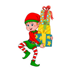 Christmas elf. Cute cartoon Santa Claus helper elf holds group of colorful wrapped gift boxes with ribbons and bows. Smiling gnome in costume is carrying a gifts. New Year and Christmas vector icon.