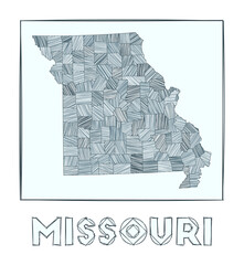 Sketch map of Missouri. Grayscale hand drawn map of the us state. Filled regions with hachure stripes. Vector illustration.