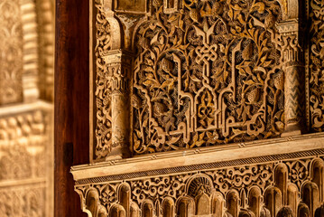 Close up of moorish ornaments on the entrance portal of Comares Palace (Palacio de Comares), part of the Nasrid palaces, Alhambra de Granada UNESCO World Heritage Site, Granada, Andalusia, Spain