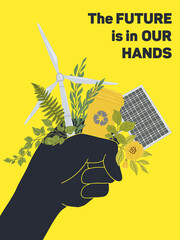 A poster about climate change. With the slogan, the future is in our hands. A hand with a windmill, a garbage can and a solar battery and plants.