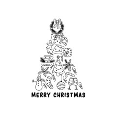 Christmas tree drawn from Christmas elements in linear style for greeting design. New Year festive traditional symbol tree. Winter holiday.