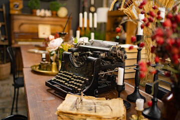 retro typewriter in the interior. collecting vintage items. 