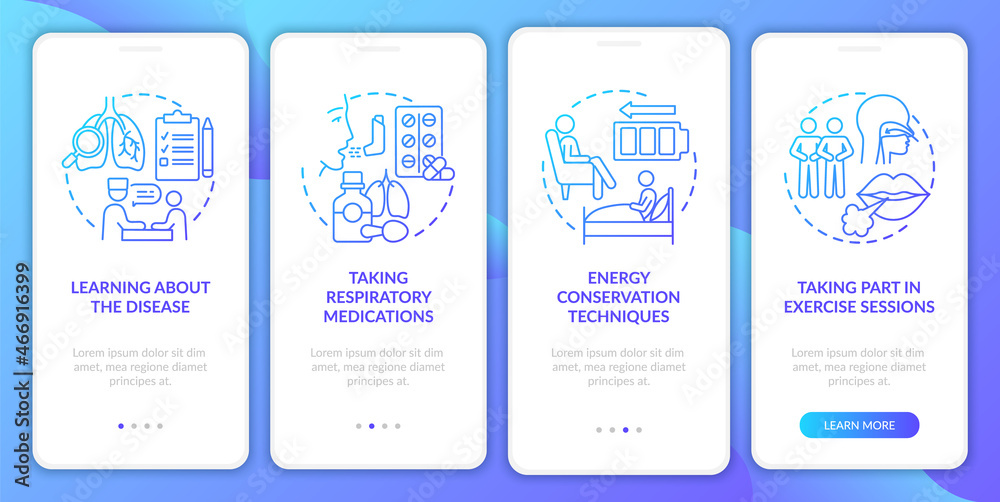 Wall mural pulmonary rehab program blue gradient onboarding mobile app page screen. treatment walkthrough 4 ste