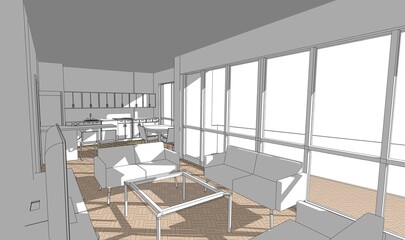 3d illustration of an open kitchen living room space in a flat.  Abstract interior scene with deep shadows and parquet tiling on the ground.