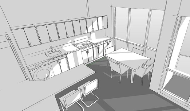3d illustration of a home kitchen in an openspace flat.  Abstract interior scene with deep shadows and grey colored ground. Black and white image with a little bit hand drawing effect. 