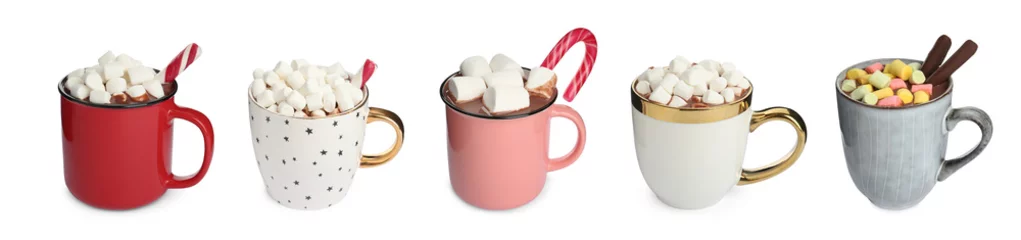 Foto auf Alu-Dibond Set with cups of delicious hot chocolate on white background. Banner design © New Africa