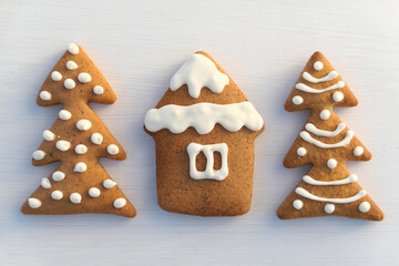 Gingerbread cookie winter house and Christmas trees