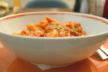 Bowl of Penne Pasta with Shrimp and Spicy Arrabbiata Sauce