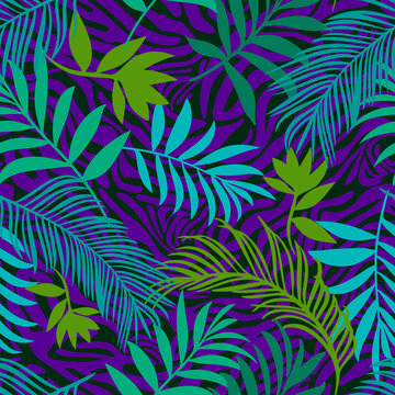Botanical seamless pattern mixed with tiger zebra stripes skin texture. Hand drawn fantasy exotic sprigs and leafage. Floral background made of herbal foliage leaves for fashion, textile, fabric.