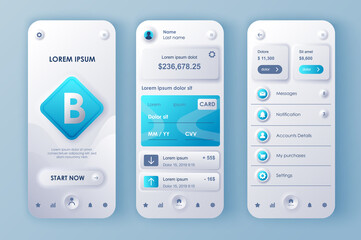 Online banking concept neumorphic templates set. Personal account, credit card service, financial transactions. UI, UX, GUI screens for responsive mobile app. Vector design kit in neumorphism style