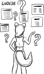 vector fox girl with questions and difficult choise