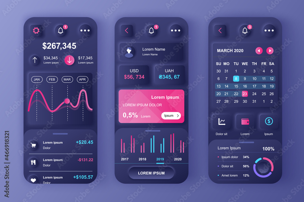 Aufkleber finance services concept neumorphic templates set. financial analytics, payments, management and mon