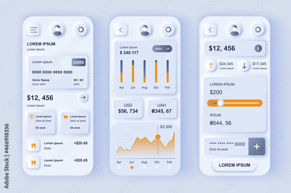 Poster finance services concept neumorphic templates set. financial account in online banking, transaction 